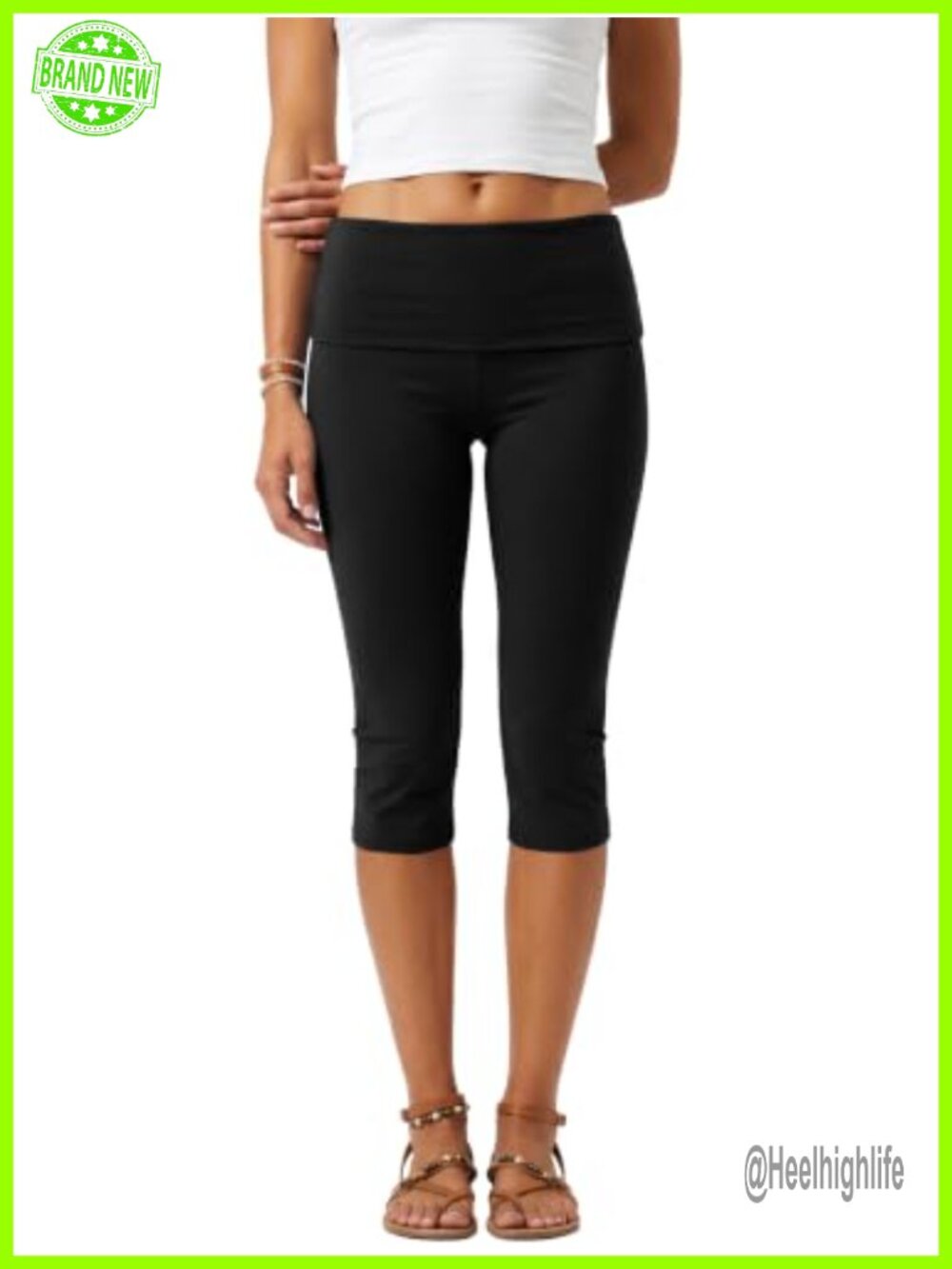 Cotton Spandex Fold Over Capri Leggings High Waist Yoga Pants